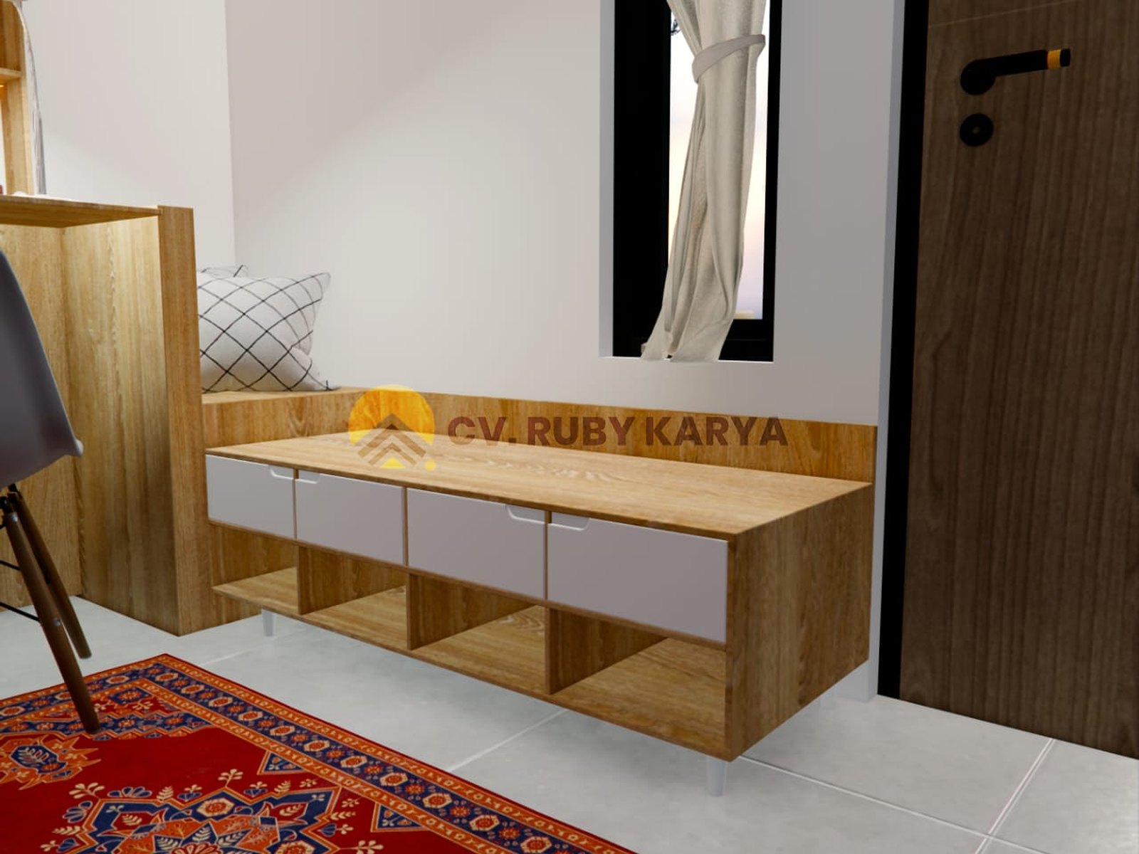 Render bench custom kamar Diva Homestay dengan laci dan rak terbuka