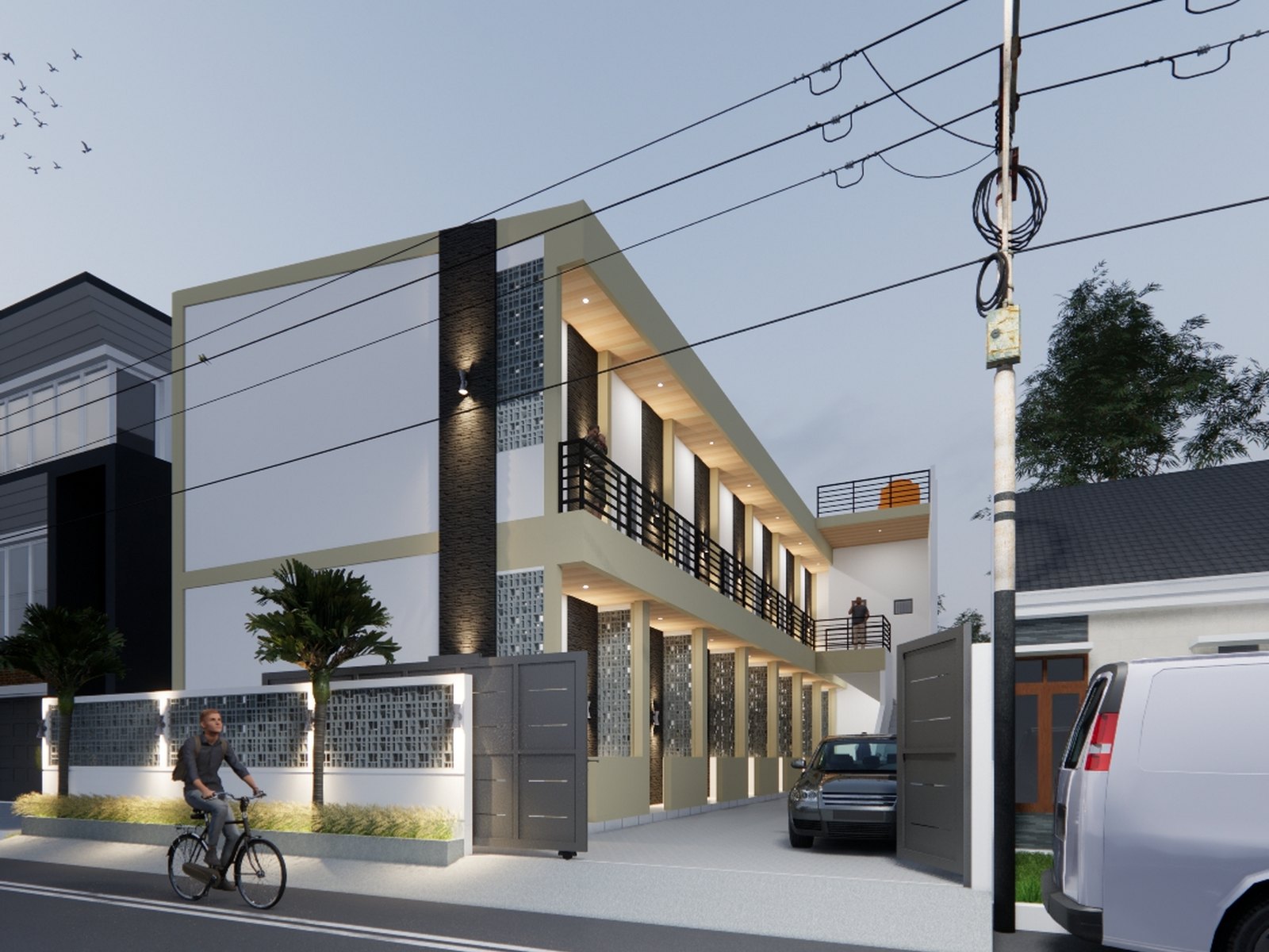 Render eksterior Diva Homestay dengan pencahayaan fasad