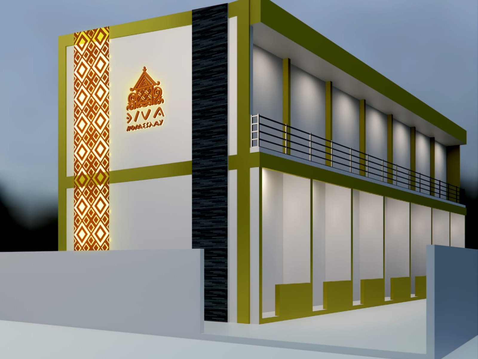 Render alternatif fasad Diva Homestay dengan signage bangunan