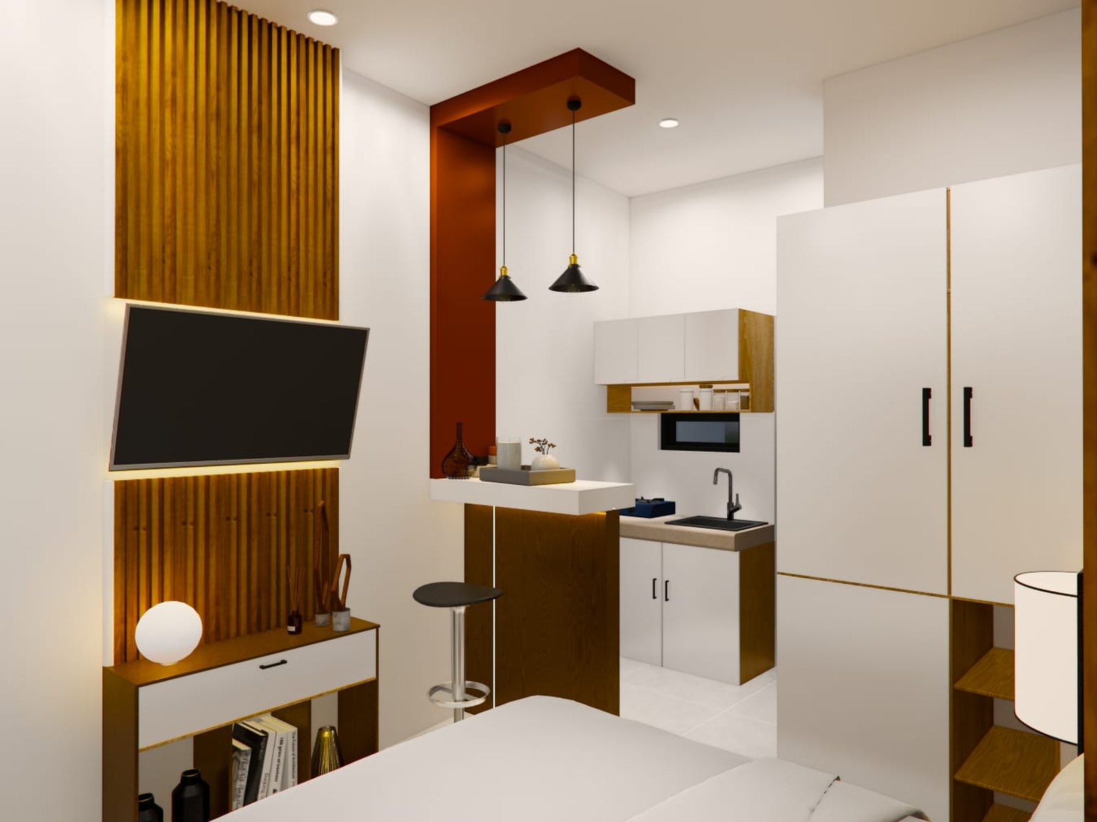Render kamar Diva Homestay dari sisi TV dan pantry
