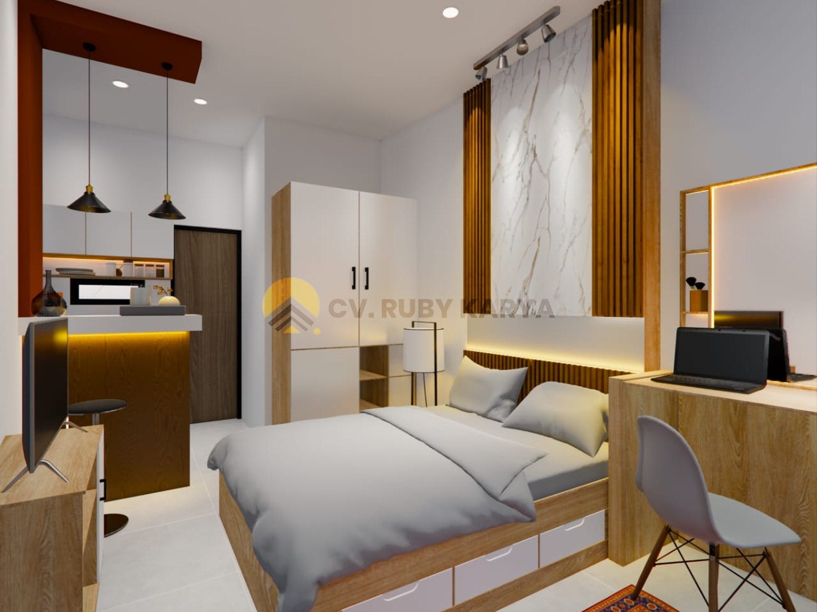 Render kamar Diva Homestay menampilkan tempat tidur lemari dan meja kerja