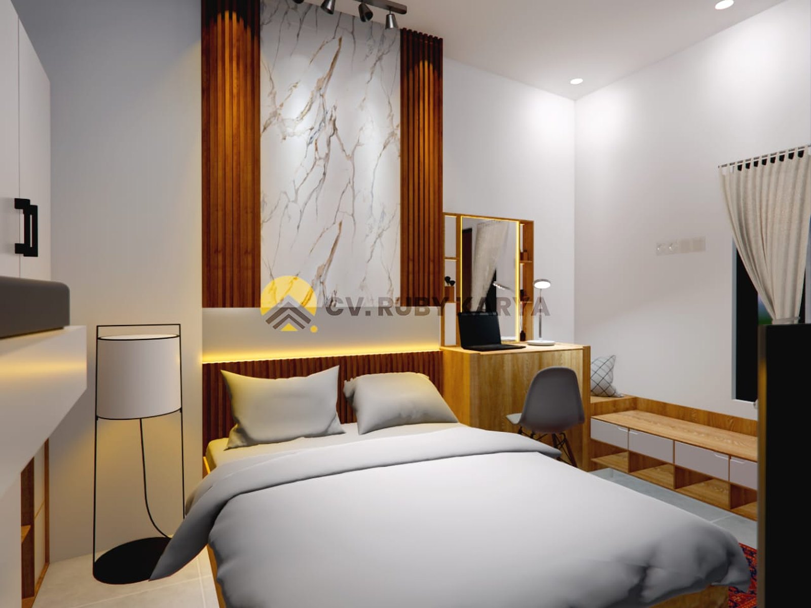 Render kamar Diva Homestay dengan backdrop panel kayu dan meja rias