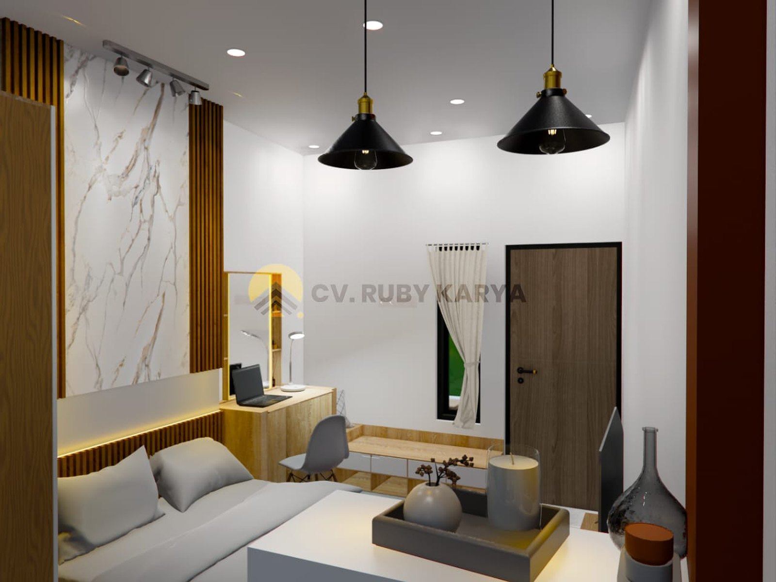 Render interior Diva Homestay dari area pantry menuju kamar