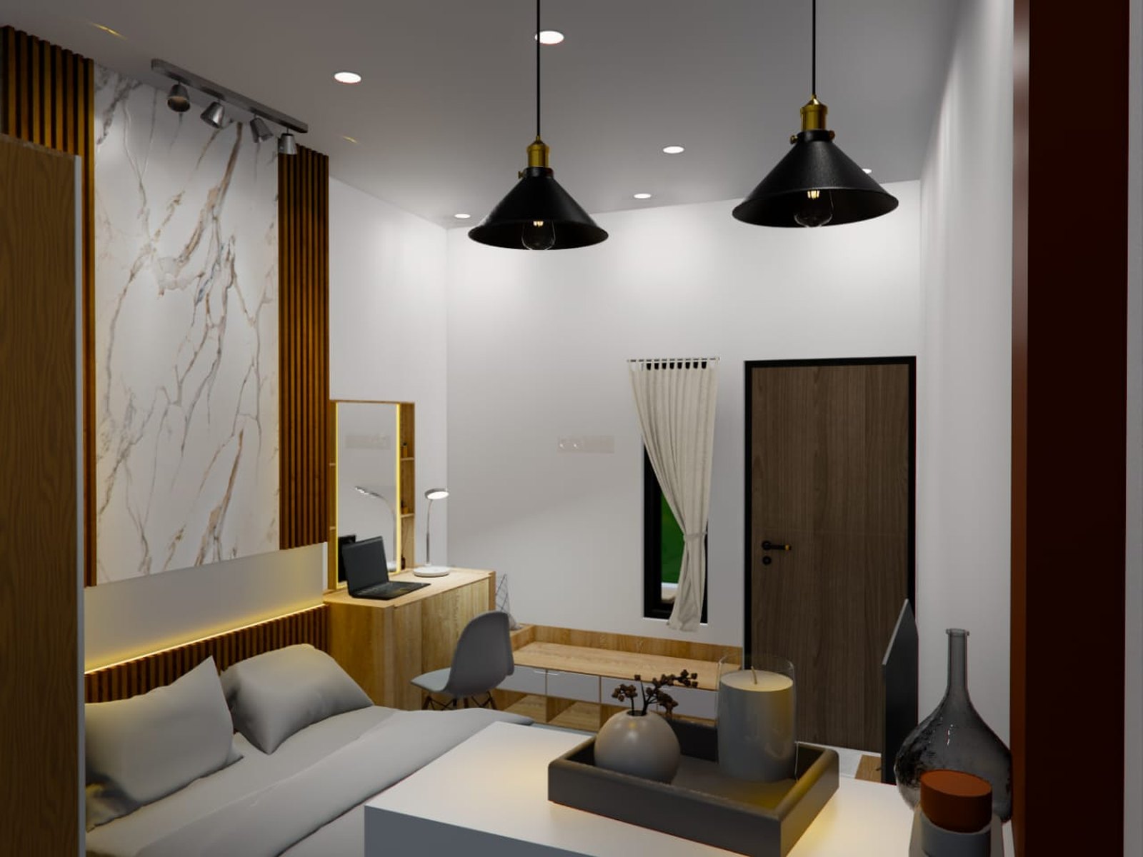 Render interior Diva Homestay dari sudut lampu gantung dan pintu kamar