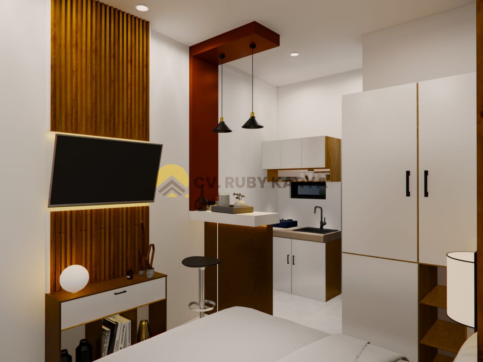 Render kamar Diva Homestay dari arah tempat tidur menuju pantry