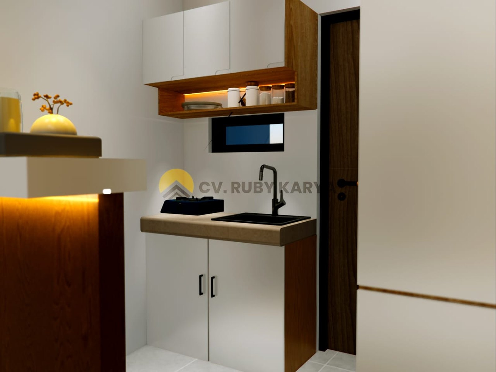 Render pantry Diva Homestay dengan kabinet gantung dan meja sink