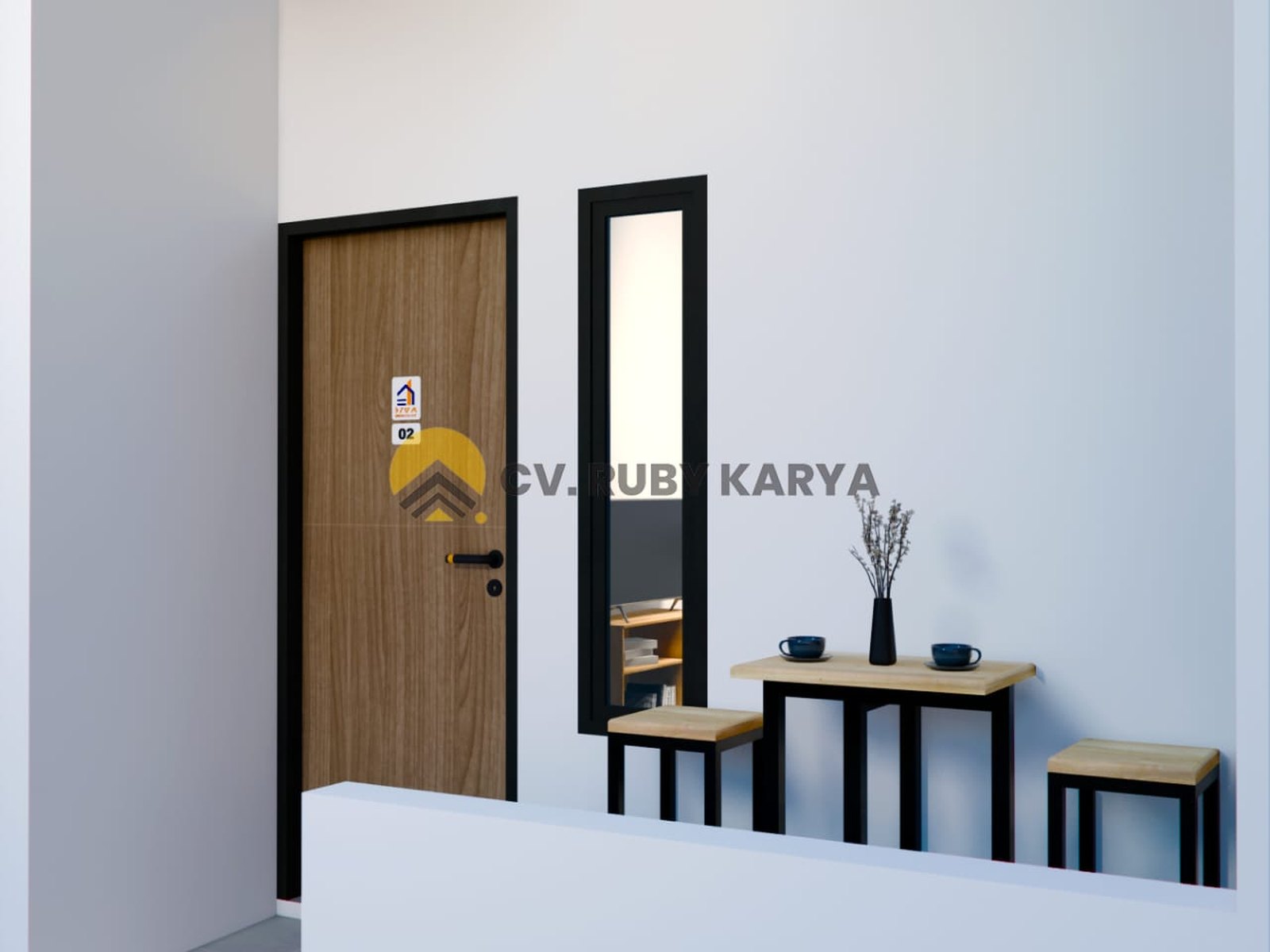 Render area pintu kamar Diva Homestay dengan meja kecil dan cermin
