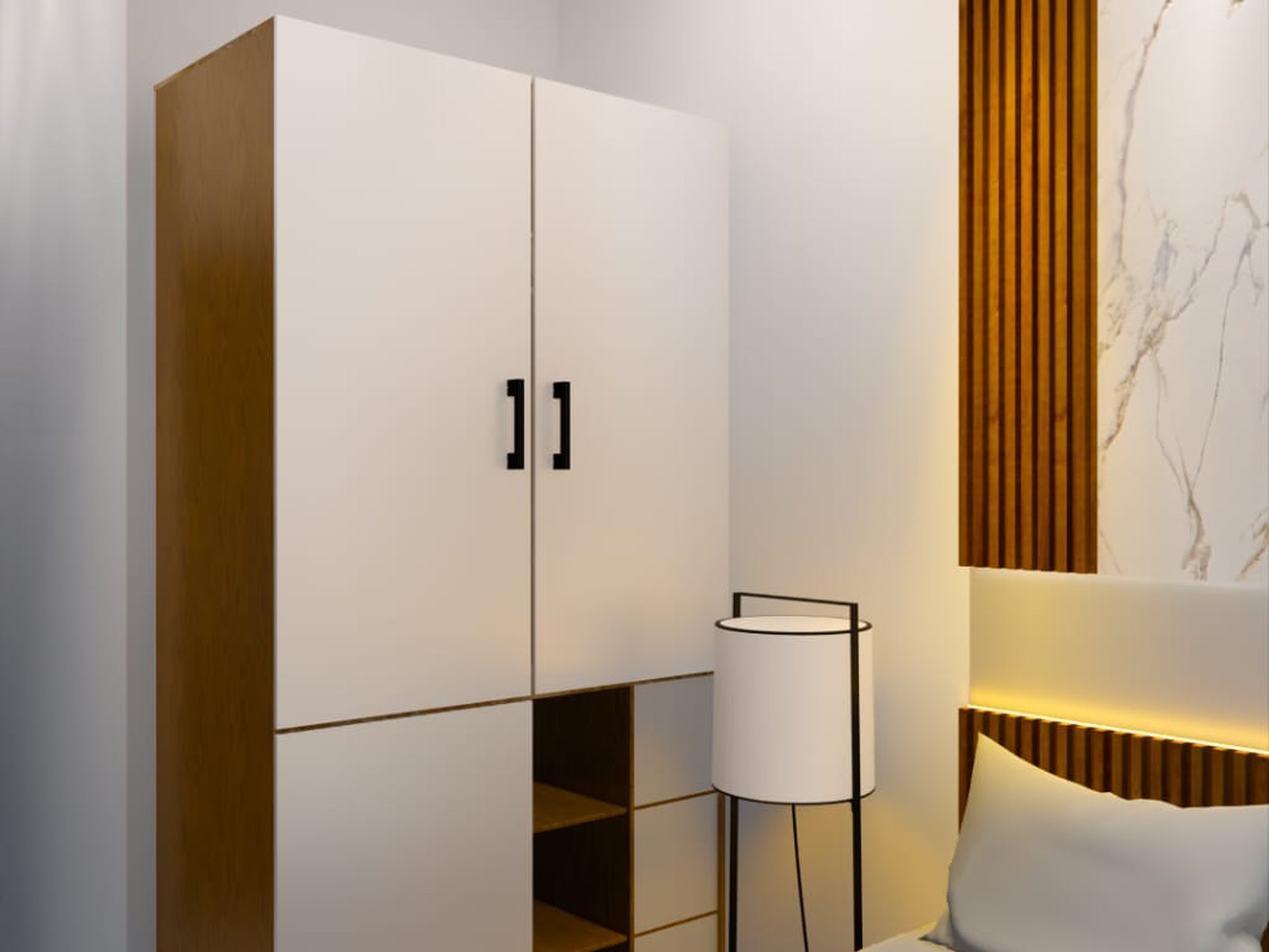 Render wardrobe kamar Diva Homestay dengan panel kayu dan tempat tidur