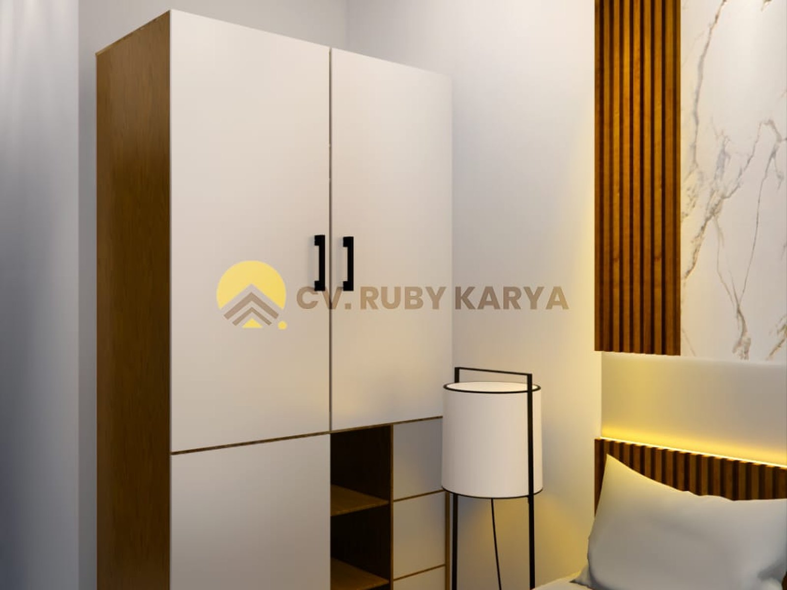 Render wardrobe Diva Homestay dengan kombinasi putih dan motif kayu